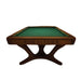 End view of the Koralturk Legnora Pool Table featuring green playing cloth, Koralturk branding and curved wooden legs.