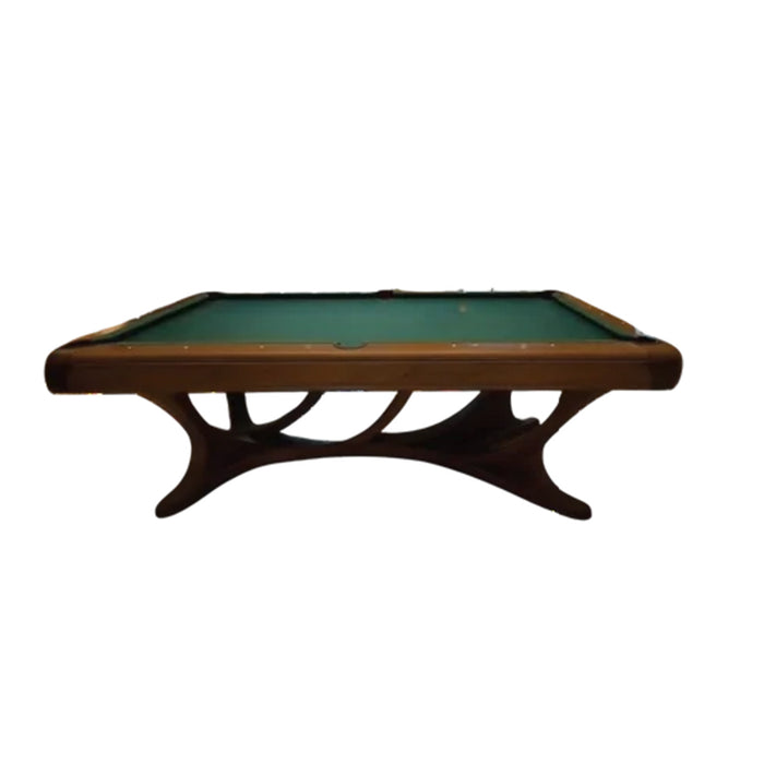 Side view of the Koralturk Legnora billiards table showcasing green cloth and an elegant sculptural wooden frame.