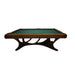 Side view of the Koralturk Legnora billiards table showcasing green cloth and an elegant sculptural wooden frame.
