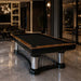 Koralturk Luxury Cage Pool Table featuring black cloth, polished chrome pillars and decorative cage detailing in an elegant games room.