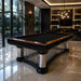Koralturk Luxury Cage Pool Table with black playing cloth and polished chrome cage frame in a sophisticated modern interior.