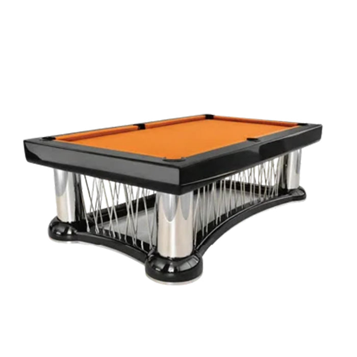 Angled product view of the Koralturk Luxury Cage Pool Table with orange cloth, black frame and polished chrome columns.