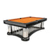 Angled product view of the Koralturk Luxury Cage Pool Table with orange cloth, black frame and polished chrome columns.