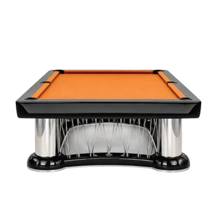 End view of the Koralturk Luxury Cage Pool Table featuring orange playing cloth, black rails and polished chrome cage-style base.