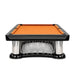 End view of the Koralturk Luxury Cage Pool Table featuring orange playing cloth, black rails and polished chrome cage-style base.