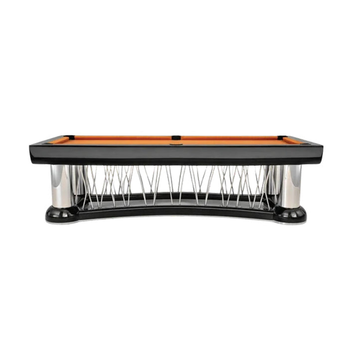 Side view of the Koralturk Luxury Cage billiards table showcasing orange cloth, chrome pillars and decorative metal cage detailing.