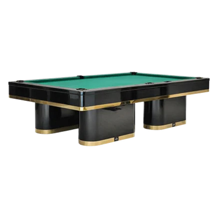 Angled product view of the Koralturk Trapeza Pool Table with green cloth, glossy black frame and refined gold accents.