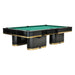 Angled product view of the Koralturk Trapeza Pool Table with green cloth, glossy black frame and refined gold accents.