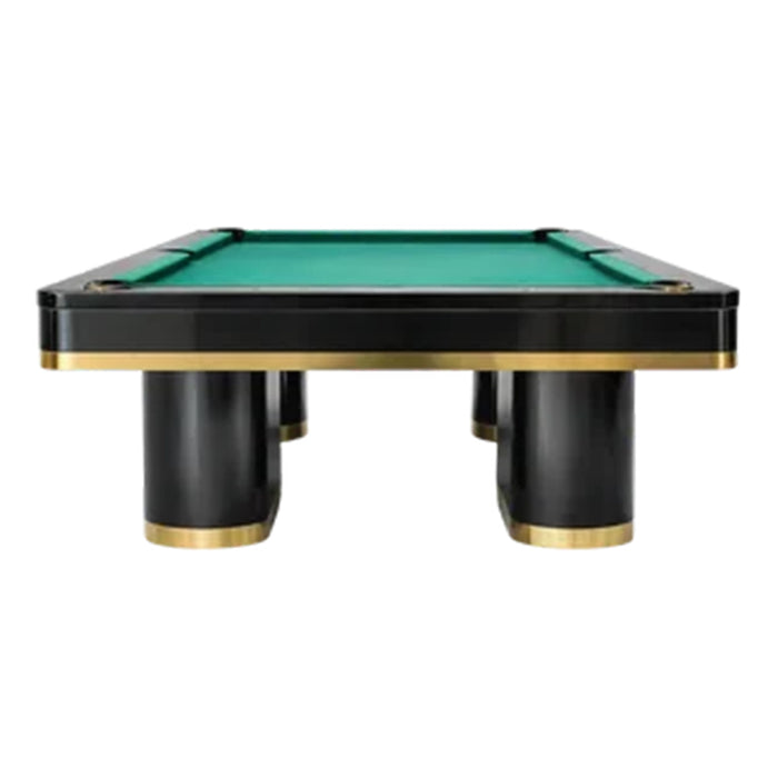 End view of the Koralturk Trapeza Pool Table featuring green playing cloth, a sleek black body and gold-accented pedestal legs.