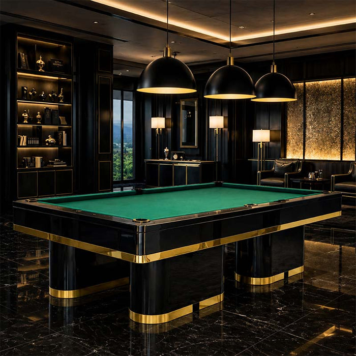 Koralturk Trapeza Pool Table with green cloth, glossy black finish and gold detailing beneath pendant lights in a luxury games room.