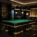 Koralturk Trapeza Pool Table with green cloth, glossy black finish and gold detailing beneath pendant lights in a luxury games room.
