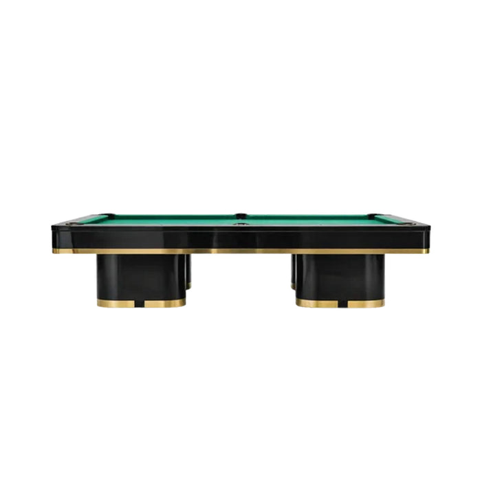 Side product view of the Koralturk Trapeza billiards table showcasing green cloth, black pedestal legs and contrasting gold trim
