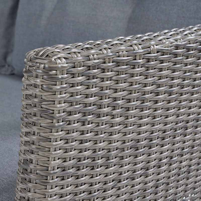 Detailed corner view of the Larissa Outdoor Corner Seating Set, featuring the tight rattan weave and seamless cushion alignment.