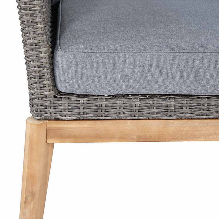 Close-up of the Larissa Outdoor Corner Seating Set's armrest, highlighting the intricate rattan pattern and thick, comfortable cushion.