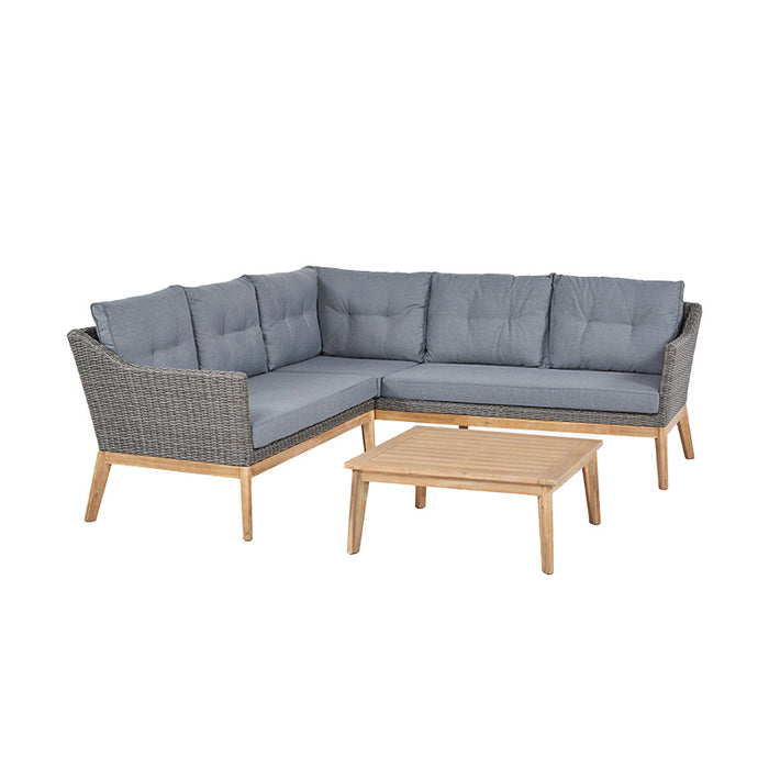 Left-angle view of the Larissa Outdoor Corner Seating Set highlighting the sleek rattan construction, grey cushions, and wooden coffee table, perfect for any garden.