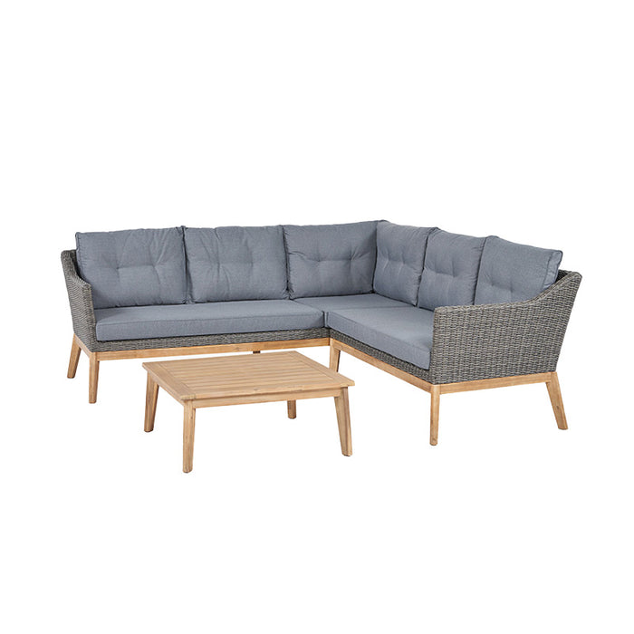 "Larissa Outdoor Corner Seating Set with grey cushions and acacia wood legs, viewed from the front angle with matching wooden coffee table.