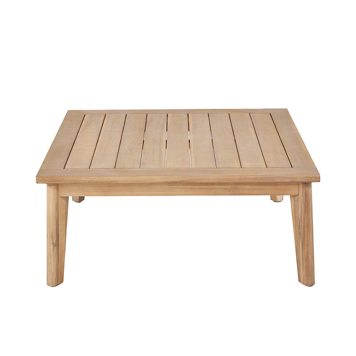 Larissa Outdoor Corner Seating Set's wooden coffee table viewed from the front, featuring a sleek and natural finish.