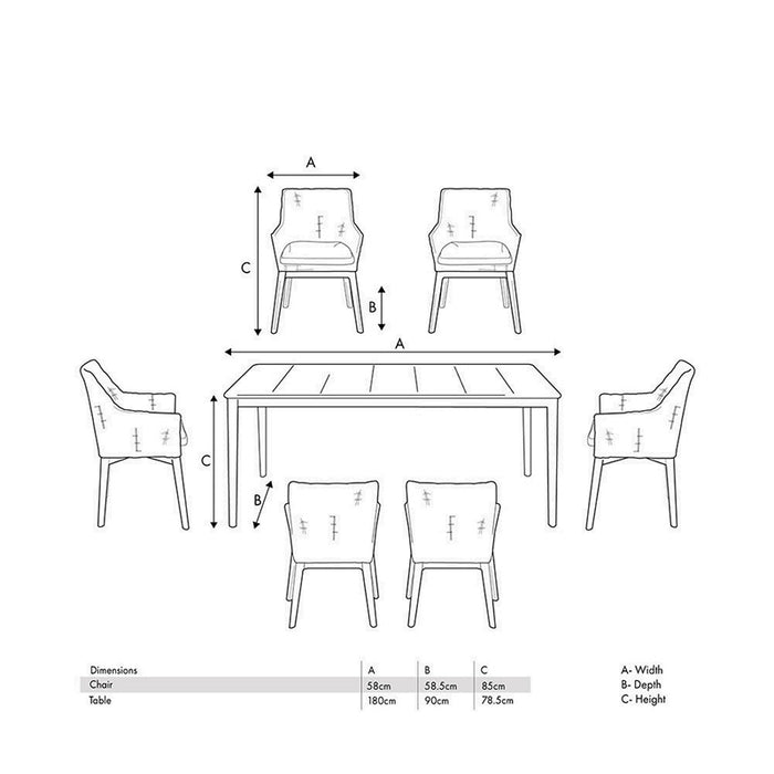 Dimensional sketch of the Larissa Outdoor Dining Set, detailing the size of the table and chairs for an accurate fit in your garden.