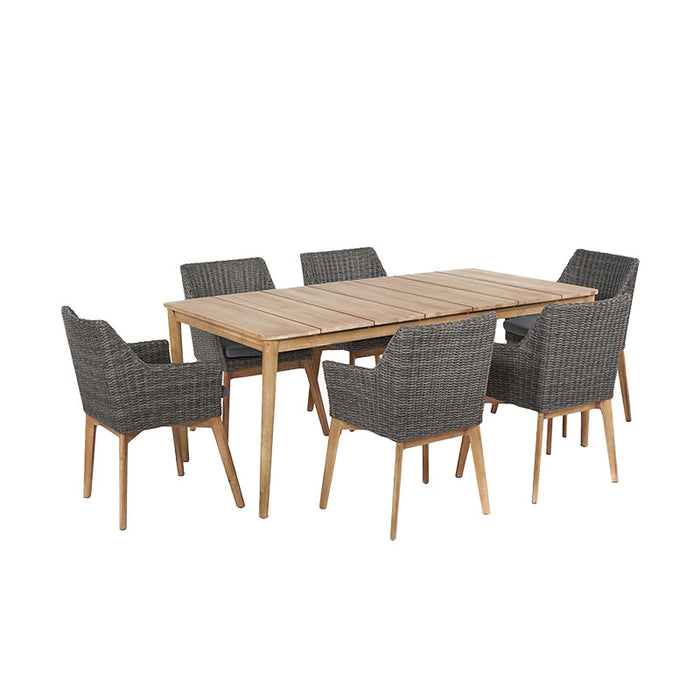 Left angle of the Larissa Outdoor Dining Set showing the elegant combination of rattan and wood.