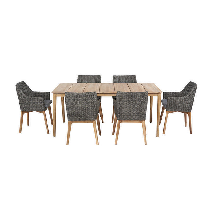 Complete view of the Larissa Outdoor Dining Set with six rattan chairs and a wooden dining table.