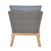 The back view of the Larissa Outdoor Seating Set armchair, displaying the stylish grey rattan and solid wood frame.