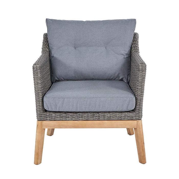 The front view of the Larissa Outdoor Seating Set armchair, featuring plush grey cushions and a natural wood base.