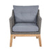 The front view of the Larissa Outdoor Seating Set armchair, featuring plush grey cushions and a natural wood base.