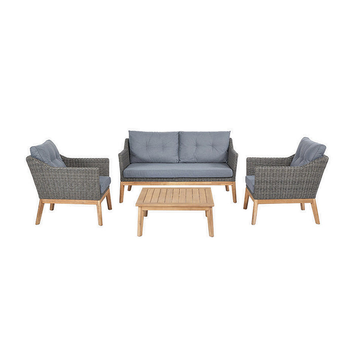 A complete view of the Larissa Outdoor Seating Set, including the two-seater sofa, two armchairs, and coffee table, highlighting the chic combination of synthetic rattan and acacia wood.