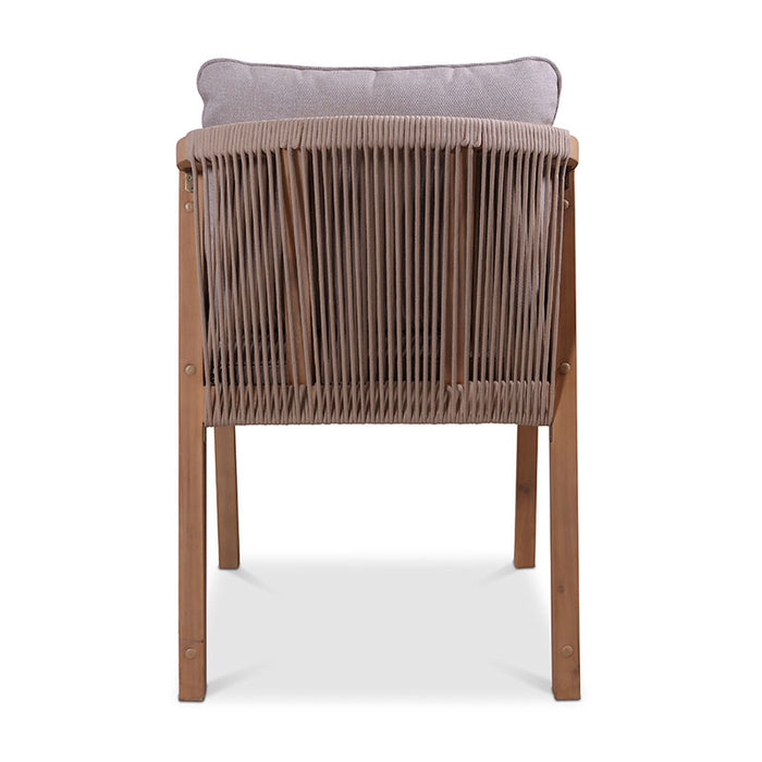 A straight back view of the Luna dining chair, emphasising the elegant rope detailing and the robust wooden structure.