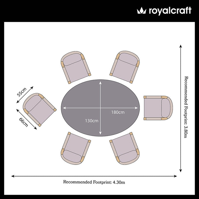 A detailed floor plan illustrating the layout and dimensions of the Luna 6 Seater Concrete Dining Set, featuring an oval concrete table and six dining chairs.