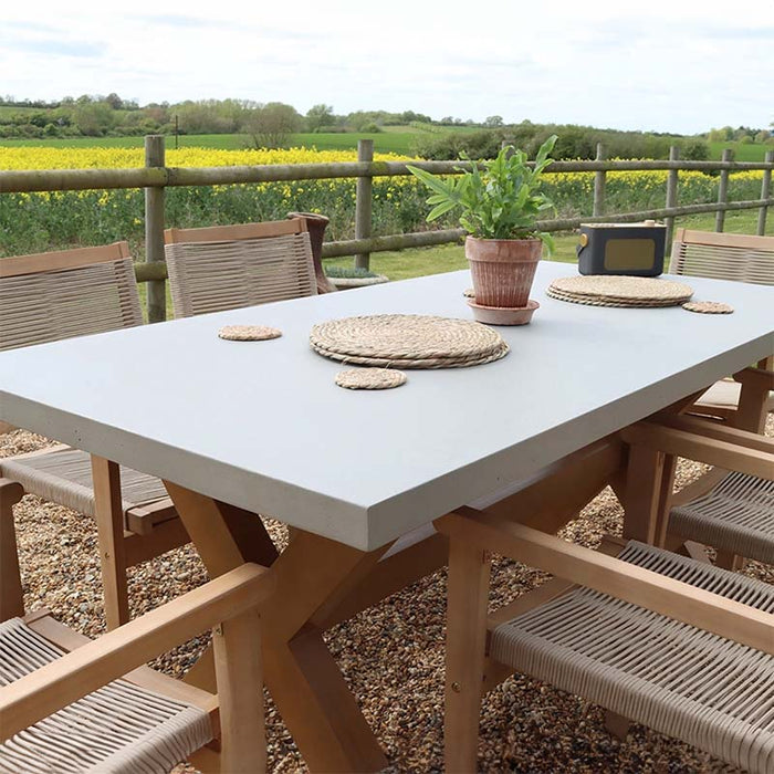 Detailed close-up of the Luna 6 Seater Rectangular Concrete Dining Set, highlighting the quality materials and craftsmanship.