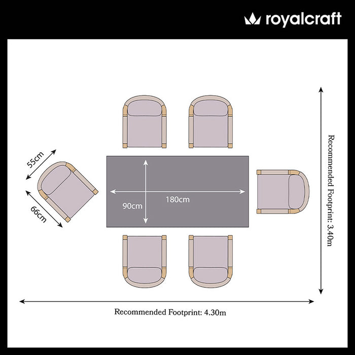 A detailed layout showing the recommended footprint of the Luna Concrete Dining Set with six rope dining chairs around a rectangular table.