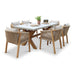 A side-angle image of the Luna Dining Set with its solid wood legs and rope dining chairs.