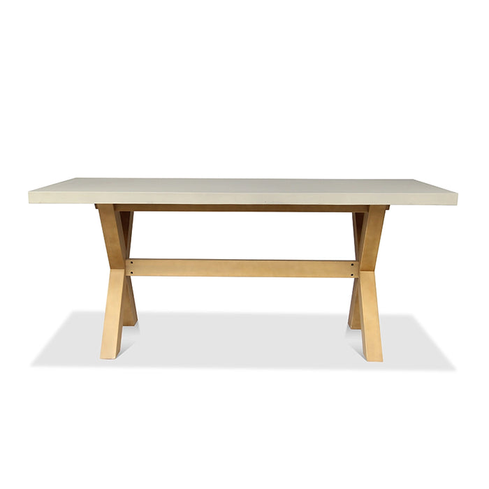 A sleek and durable concrete dining table with wooden legs, designed to seat six with the Luna Rope Dining Chairs.