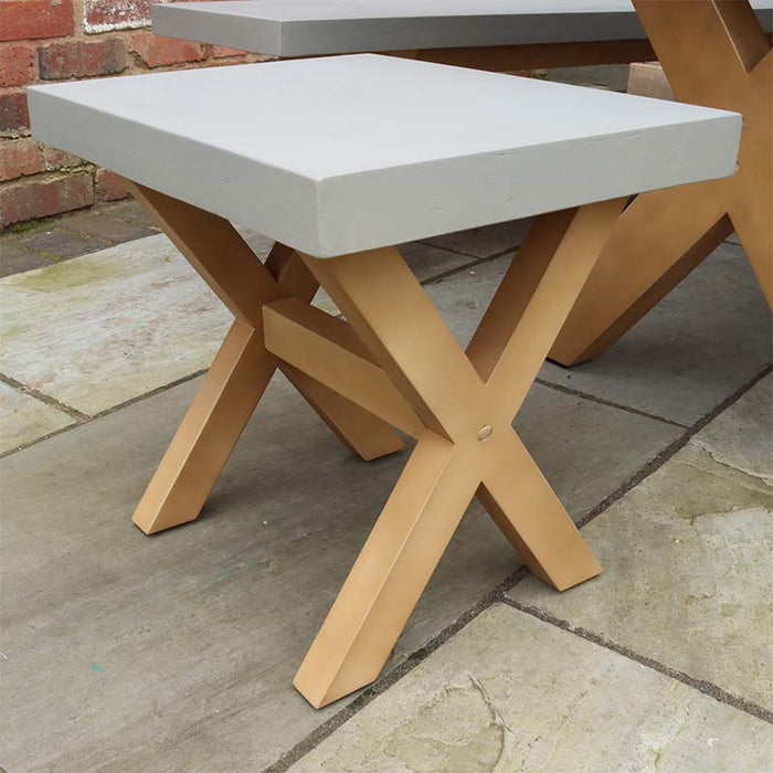 Close-up view of the Luna 8 Seater Rectangular Concrete Dining Table with Bench Set, highlighting the modern stool design with a concrete top and wooden legs.