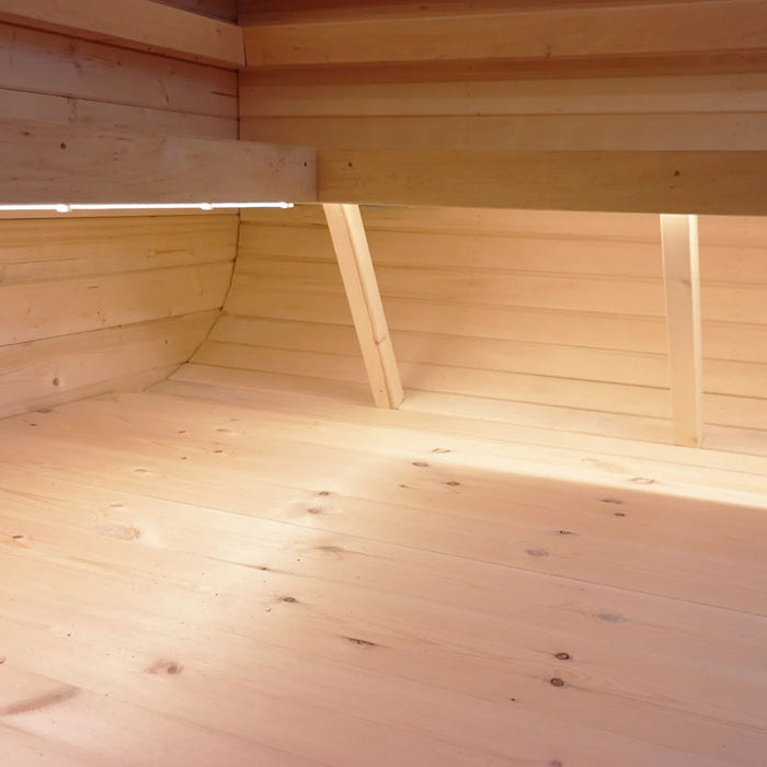 Close up view of lighting under the wooden benches of the Viking Industrier Luna Outdoor Sauna.