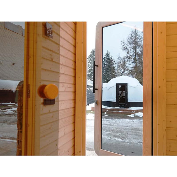 Close up inside view of wooden entrance door.