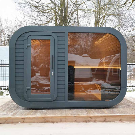 Front view of the Viking Industrier Luna Outdoor Sauna with Changing Room with glass door and window.