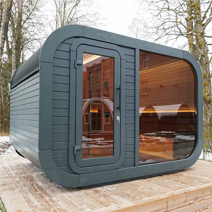 Exterior side view of Viking Industrier Luna Outdoor Sauna.