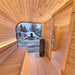 Interior view of Luna Outdoor Sauna including wooden benches and heater. 