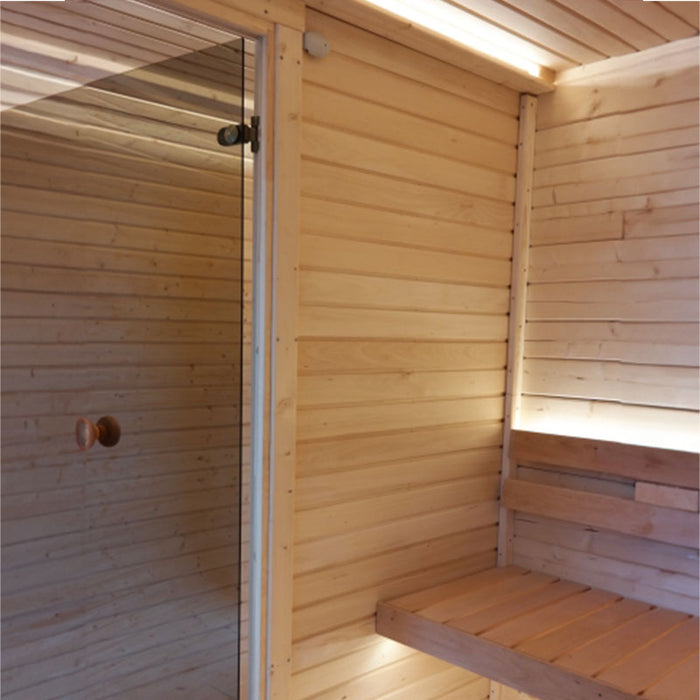 Viking Industrier Luna Outdoor Sauna interior with glass door.