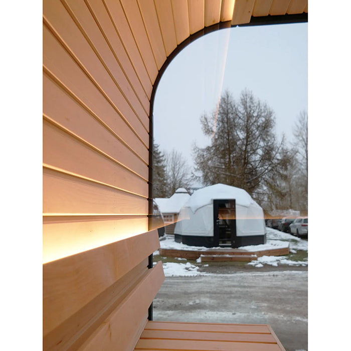 Close up view of Luna Outdoor Sauna wall with lighting.