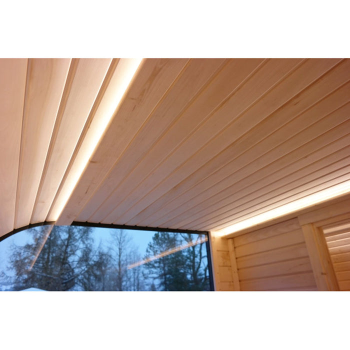 Close up view of Luna Sauna wooden ceiling and lighting. 