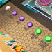 Close-up of Maison Roshi Jiraiya Pinball Machine control buttons in purple, green, and white with geometric patterned panel and Pinball FX3 display.