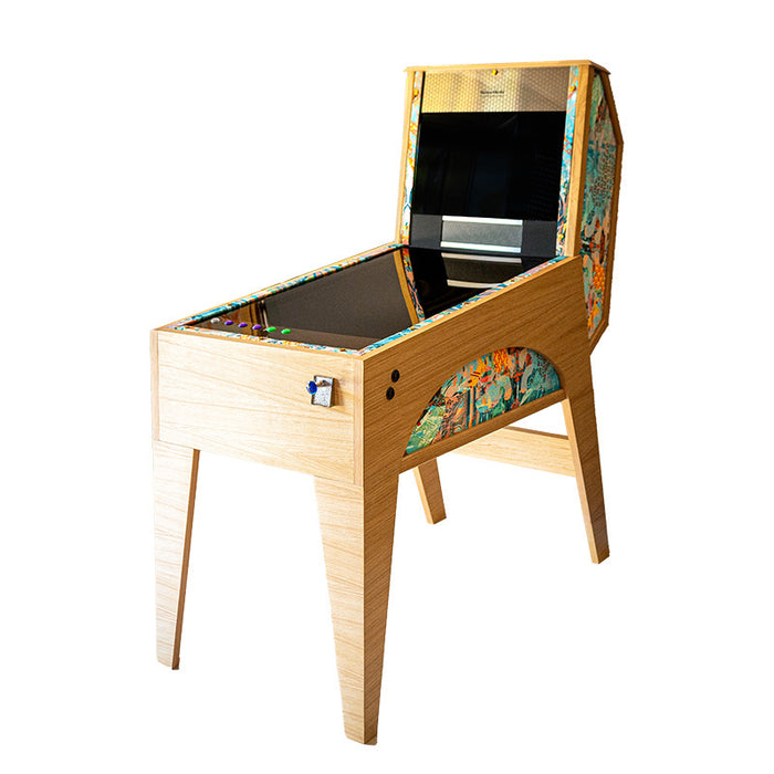 Maison Roshi Jiraiya Pinball Machine with glass playfield, wooden frame, chrome plunger, and turquoise patterned side panels.