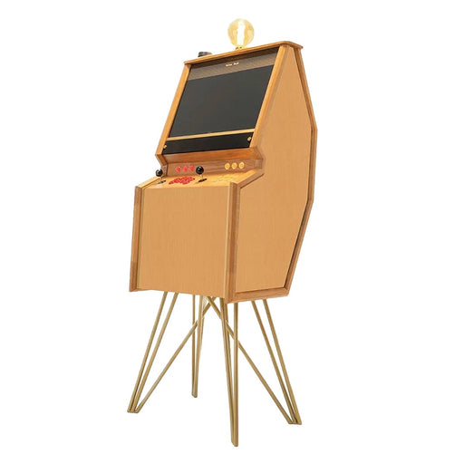 Maison Roshi Senpai V1 standing arcade machine in oak finish with red and yellow controls, brass frame legs, and a vintage filament bulb for a modern-retro aesthetic.