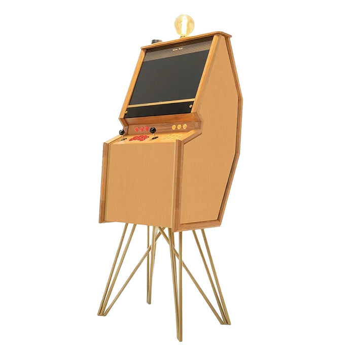 Maison Roshi Senpai V1 standing arcade machine in oak finish with red and yellow controls, brass frame legs, and a vintage filament bulb for a modern-retro aesthetic.