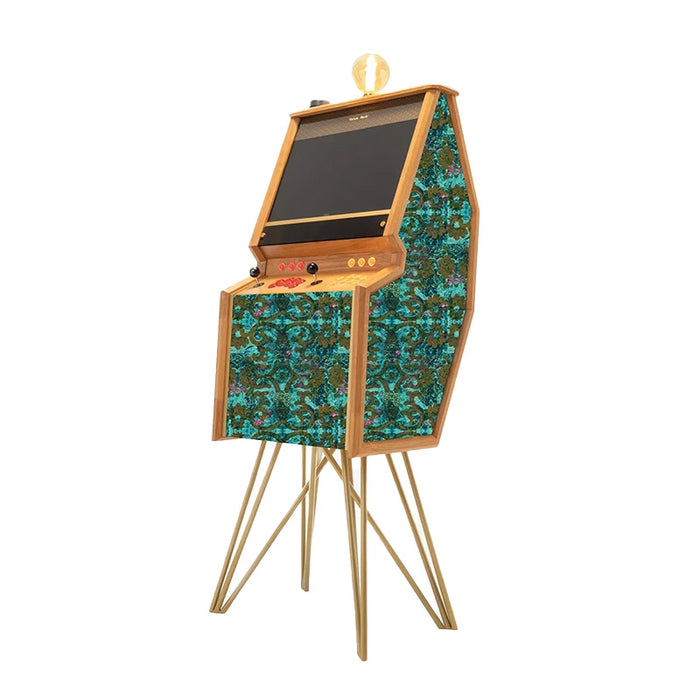 Maison Roshi Senpai V2F arcade cabinet finished in turquoise damask-style fabric with vintage gold legs and dual joysticks for a modern-meets-vintage arcade experience.
