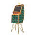 Maison Roshi Senpai V2F arcade cabinet finished in turquoise damask-style fabric with vintage gold legs and dual joysticks for a modern-meets-vintage arcade experience.