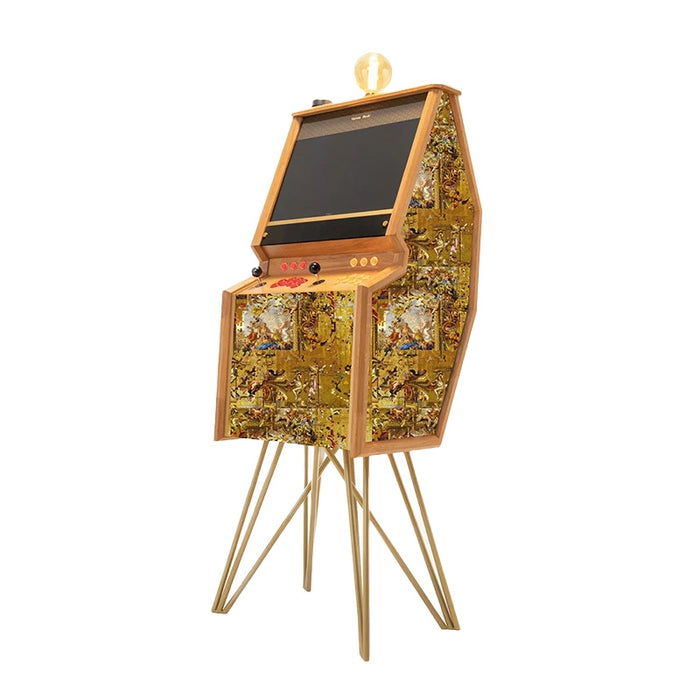 Maison Roshi Senpai V2F arcade machine with abstract monochrome and maroon splatter print fabric panels, showcasing a modern art-inspired arcade design.